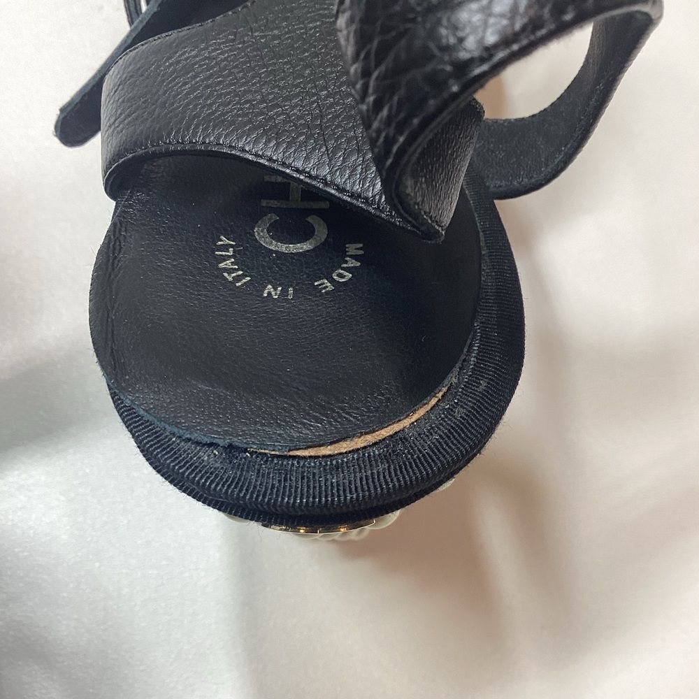 Chanel Calfskin Grosgrain Pearl Wedge‎ Sandals Size EU 38.5 Black - Picture 8 of 16